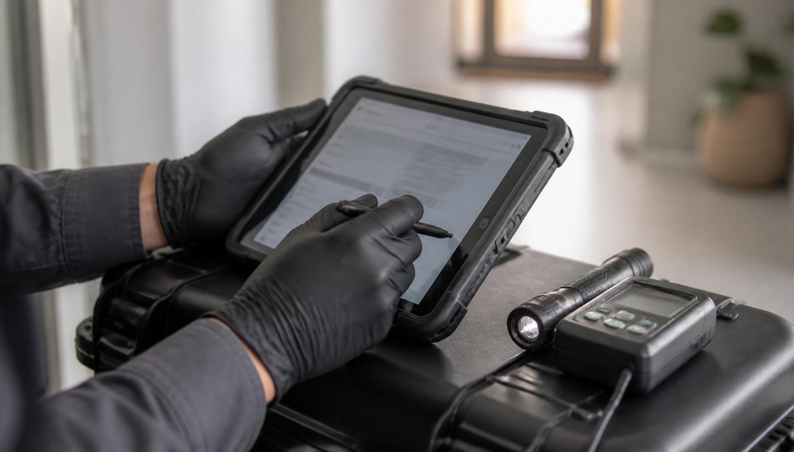 Technician completing a digital treatment report on a tablet after a visit