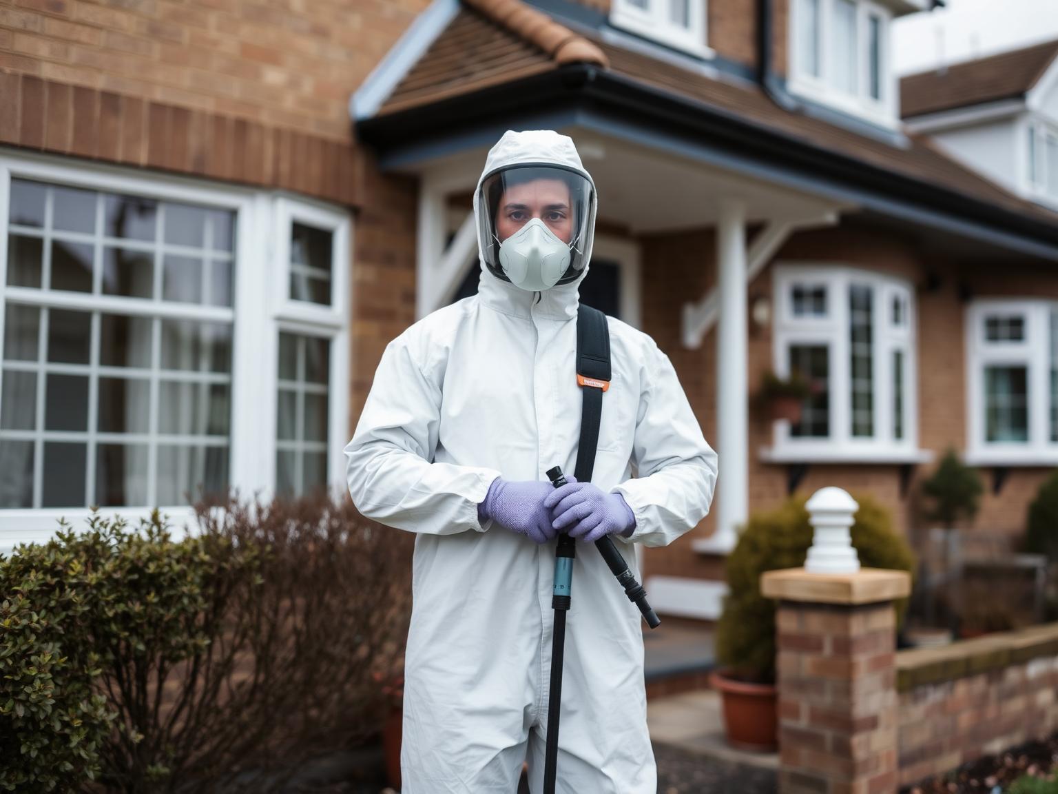 Pest control technician preparing inspection equipment outside a home